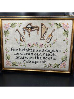 Framed Cross-Stitch Art "Music Is The Souls Speech" Floral Instrument Design VTG